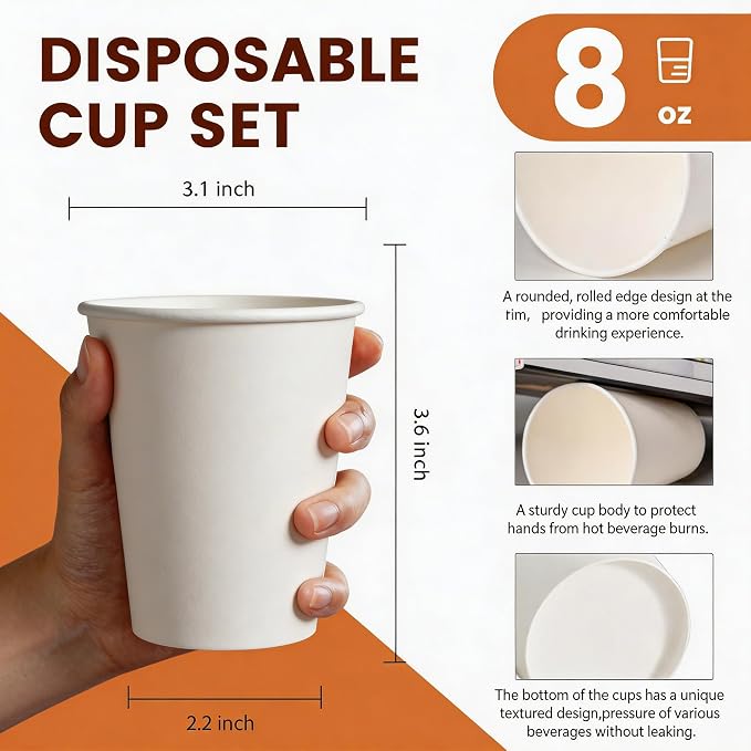 MOUMOULIFE Disposable Paper Coffee Cups 8 oz 1000 Count Bulk, Leak-Proof White - Image 3