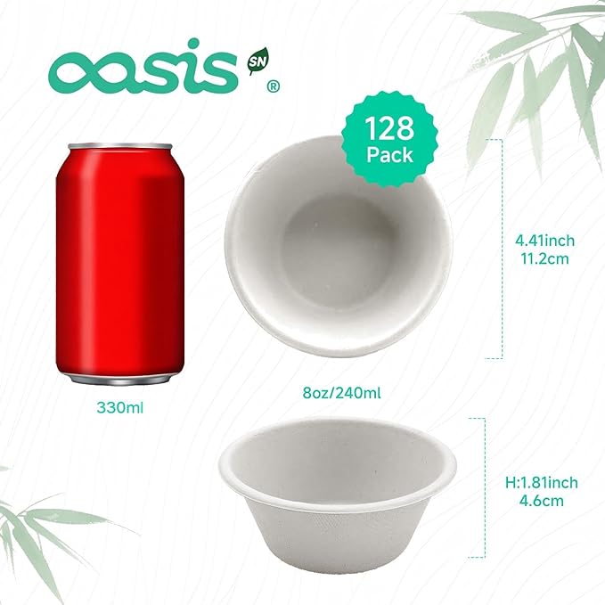 𝟴 𝗼𝘇, 𝟭𝟮𝟴-𝗣𝗮𝗰𝗸 Compostable Paper Bowls, Heavy-Duty Biodegradable Disposable Bowls Made from Bagasse, Eco-Friendly, Microwave & Freezer Safe (White)