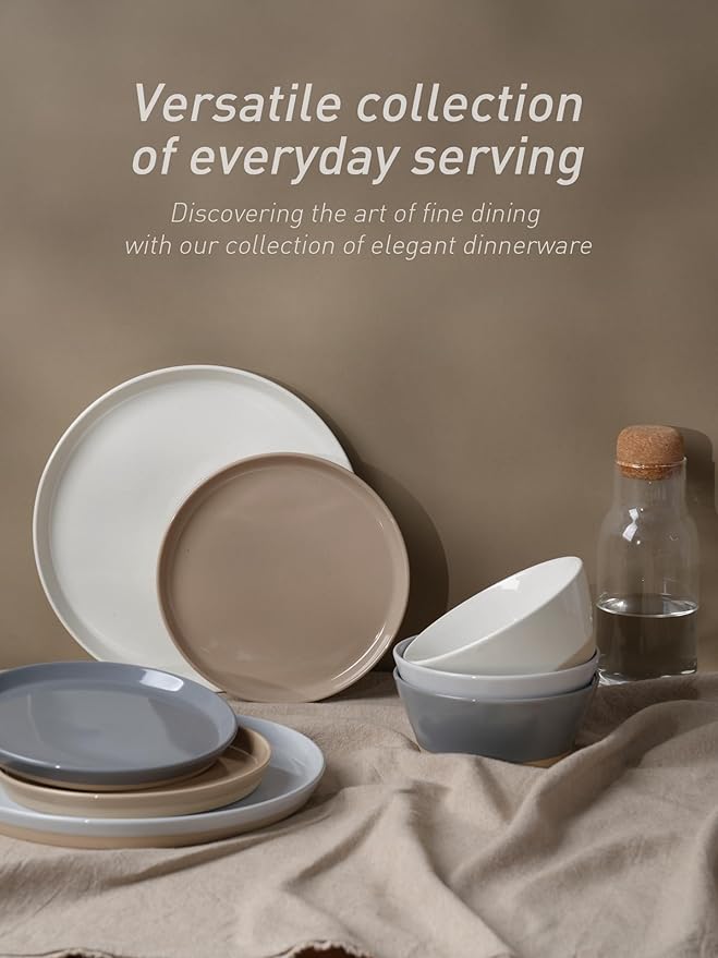 Famiware Saturn 16 Pieces Plates and Double Bowls Sets for 4, Stoneware Dinnerware Set with Pasta Bowl, Dish Set with Trim - Chip & Scratch Resistant, Microwave & Dishwasher Safe, Multi-color