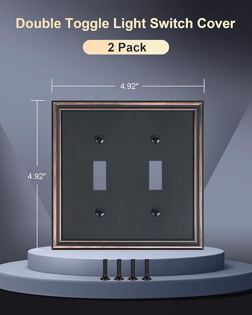 2-Pack Double Toggle Light Switch Cover Plate, Durable Solid Zinc Alloy Decorative Dual Switch Plate Covers, Aged Bronze 2 Gang Wall Plate, Corrosion Resistant
