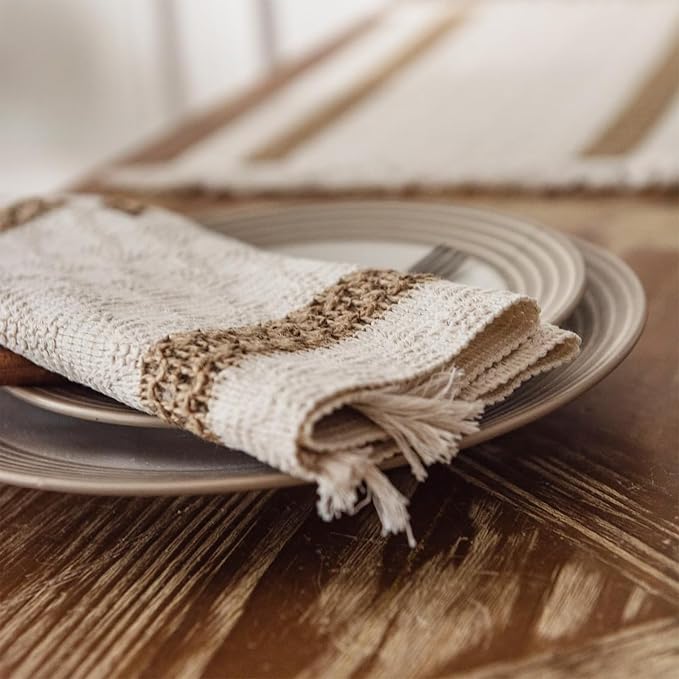 Boho Placemats Set of 6, 12x18 Inch Natural Cotton Burlap and Kitchen Woven - Image 3