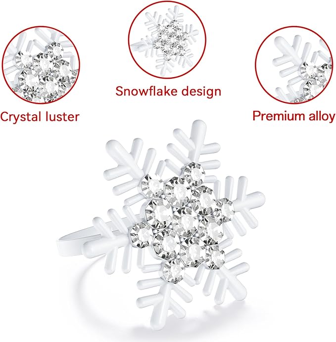 ZeeDix Set of 8 Christmas Snowflake Napkin Rings for Dinning Table Setting- White Rustic Dinner Tables Setting Decoration for Wedding Receptions, Christmas Holiday Party Dinner Parties