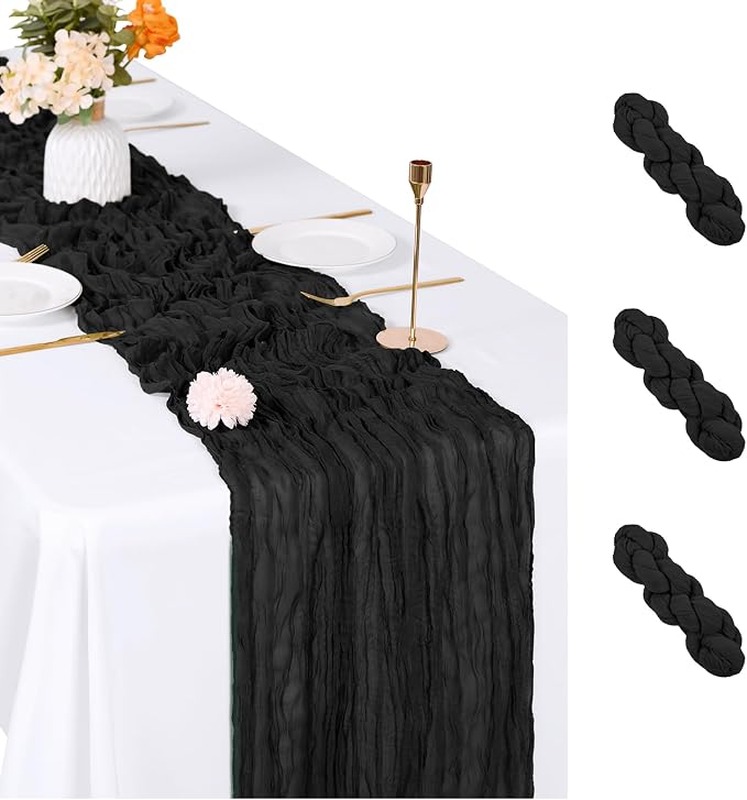 3 Pack Black Cheesecloth Table Runner, 17 x 108 inch, Semi Sheer Boho Cheese by ACSUIT
