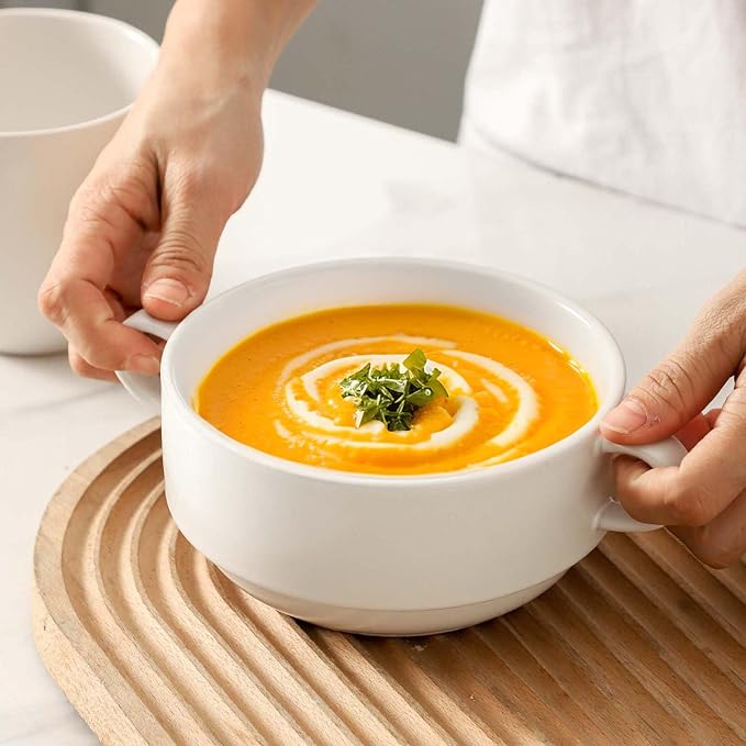 Soup Bowls, 22 oz French Onion Soup Bowls with Handles, Stackable Ceramic Bowls Set of 4, Dinner Bowls for Chili, Beef Stew, Soup, Cereal, Oven Microwave Dishwasher Safe, Matte White
