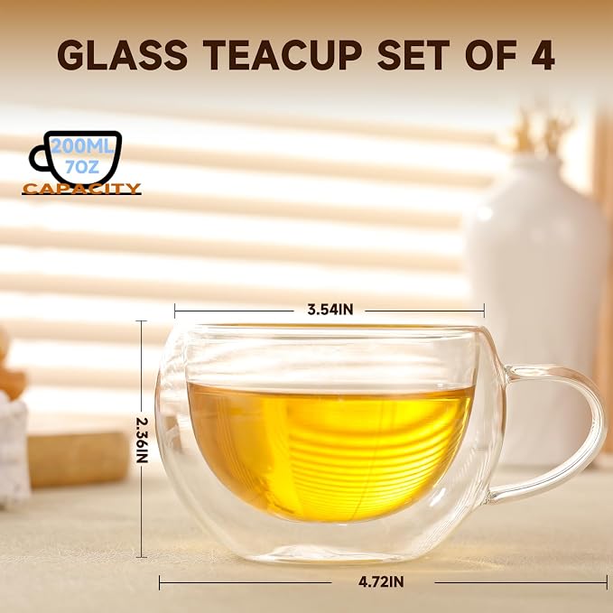 Double Wall Insulated Glass Tea Cups Set of 4, Teacups Coffee Mugs - Image 7