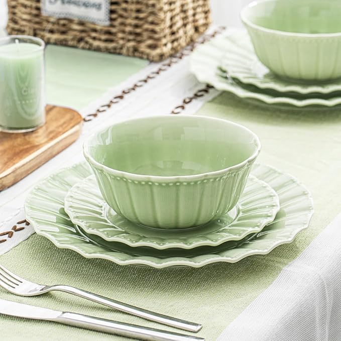 HOMBENE Ceramic Soup Serving Bowls for Kitchen, 6.4 Inch, Set of 4, Cereal Bowl Porcelain, Oven & Microwave Safe, Green
