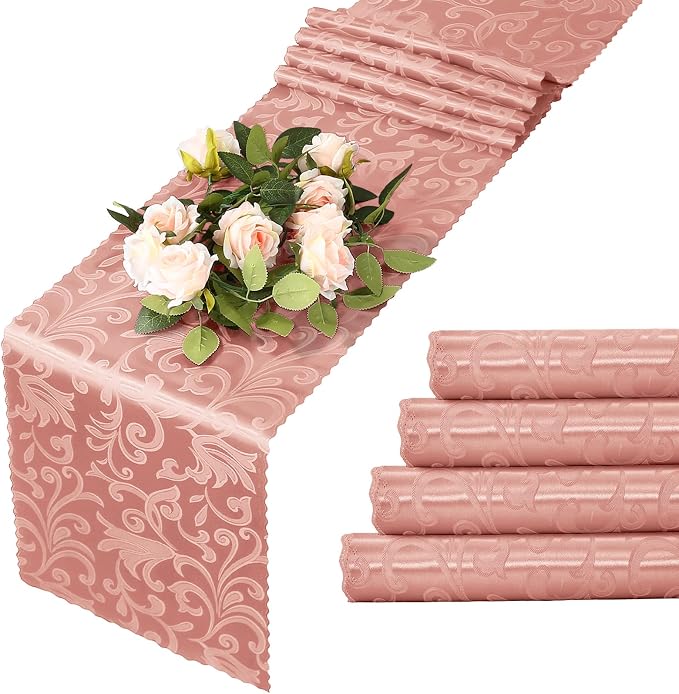 MILVOWOC Rose Gold Satin Table Runner, 4 Pack, 12 x 72 Inch | Jacquard Damask by MILVOWOC