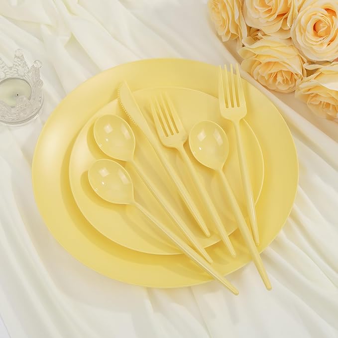 EI 150pcs Yellow Plastic Plates,Heavy Duty Bright Disposable Plate,Fancy Plastic Plates for Party,Yellow Dishes for Wedding,Easter,Afternoon Tea Party,Spring