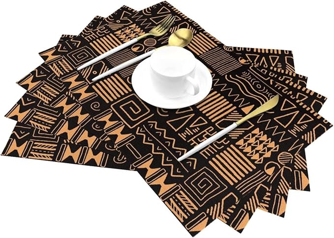 African Ethnic Pattern Placemats Set of 6 Abstract Tribal Art Wipeable Table Mats Reusable Washable PVC Rectangle Place Mats for Kitchen Dining Home Decor 12x18 Inches