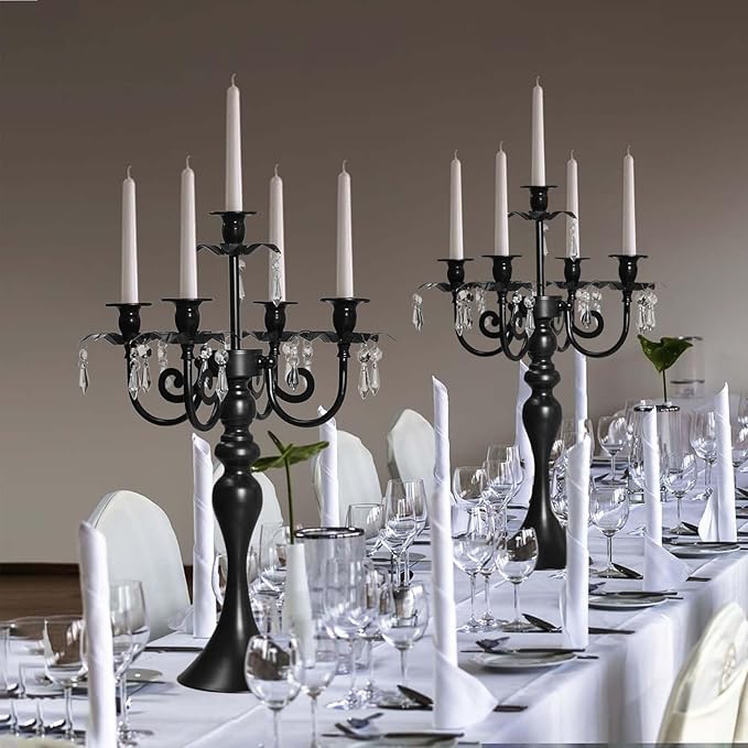 20''Tall Black Crystal Pendant Taper Candle Holders/Stylish Candle Stands/Candlesticks Holder/Candelabra for Home Decor, Weddings/Parties/Elegant Dining Table Centerpiece (1, Black, 5 Arm)