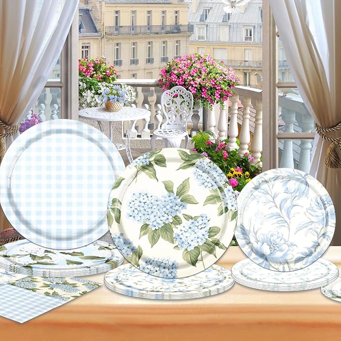 60Pcs Floral Plates and Napkins-Blue White Party Supplies Vintage Flower Tea - Image 3