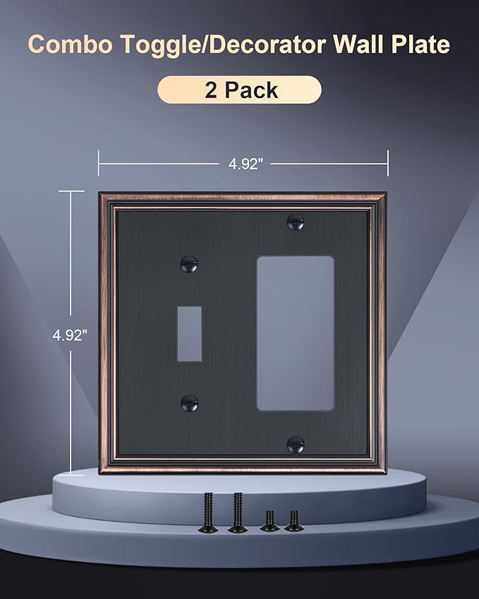 2-Pack Combo Toggle/Decorator Light Switch Cover Plate, Aged Bronze Decorative Electrical Outlet Covers, Durable Solid Zinc Alloy Wall Switch Plates and Outlet Covers