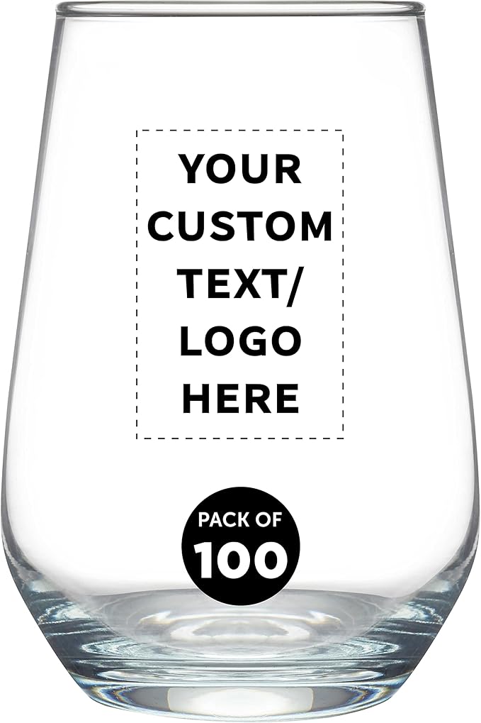 DISCOUNT PROMOS 100 Vaso Silicia Stemless Wine Glasses Set, 16 oz. - Personalized Text, Logo - Clear, Orb-Like, Thick base - Clear