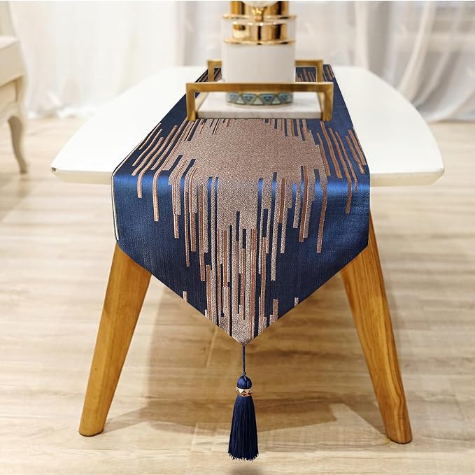 Luxury Blue Table Runner 13x98 Inch, Modern Abstract Geometric, Tassels | - Image 4