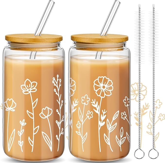 Mumufy 2 Pack Glass Cups Gift Aesthetic Cute Glass Cup Tumbler Flower Iced by Mumufy