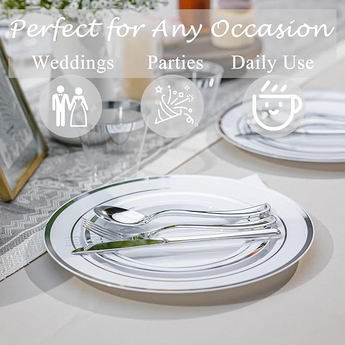 N9R 600PCS Silver Disposable Plastic Plates, Silver Plastic Dinnerware Set Includes 100 Dinner Plates, Dessert Plate, Cups, Spoons, Forks, Knives for 100 Guests, Perfect for Party, Wedding, Birthday
