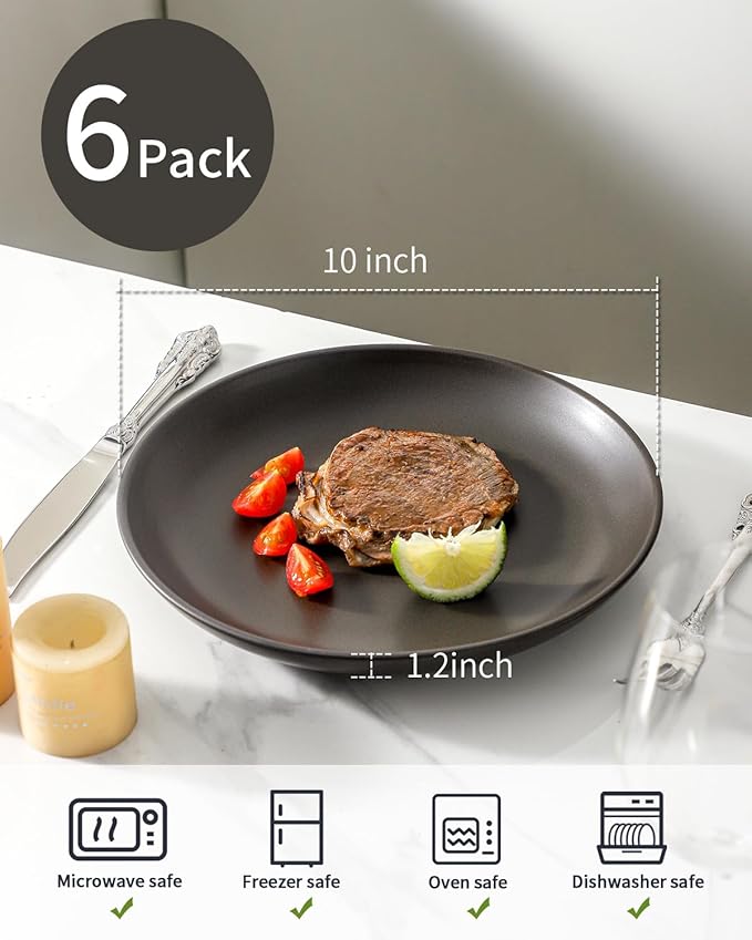 Dinner Plates Set of 6, 10 Inch Stoneware Plates for Salad, Appetizer, Dessert, Farmhouse Dinnerware Dishes for Christmas Thanksgiving Gift, Microwave & Dishwasher Safe, Matte Black