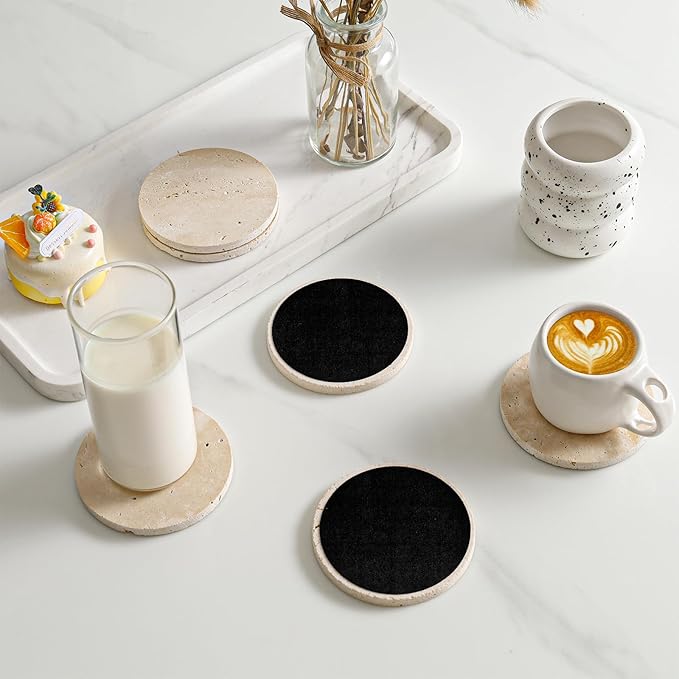 Italian Travertine Coasters Set of 6, Farmhouse Rustic Neutral Style Marble Drink Coasters for Coffee Table Decor, 4 Inch Round Porous Natural Stone Absorbent Coaster, Housewarming Gift