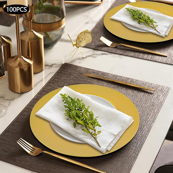 100 Pcs Antique Charger Plates Bulk, 13in Reusable Serving Plates Embossed Rim Plastic Party Dinner Plate Chargers Round Decorative Server Plate for Wedding Party Event Tableware