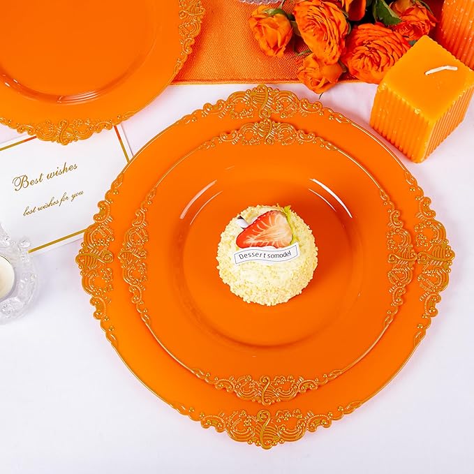 102PCS Orange Plastic Plates - Orange and Gold Disposable Plates - Party Plate with Gold Rim - Vintage Disposable Plate Serving for 51Guests for Party & Wedding