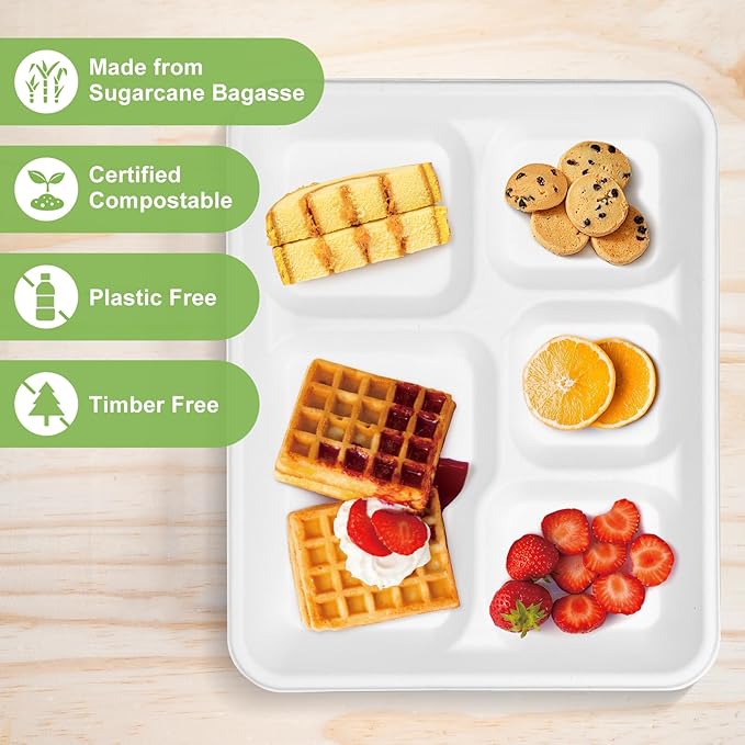 Compostable 5 Compartment Plates Disposable, 10.25 x 8.25 inch, 125 Pack Divided Paper Plates Heavy Duty, Biodegradable Eco-Friendly Bagasse Sectional School Lunch Trays, White 10 inch