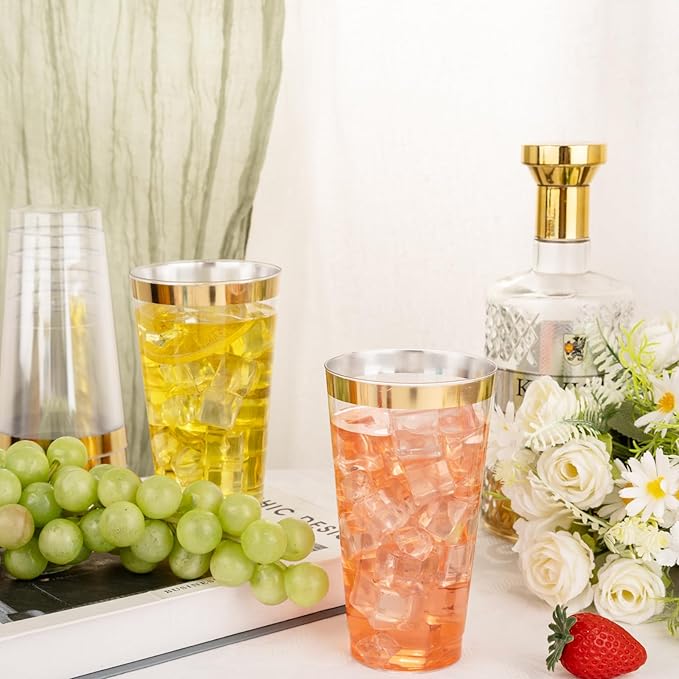 I00000 16 oz Gold Plastic Cups, 100 Pack Clear Plastic Cups Tumblers Gold Rimmed Cup, Heavy-duty Disposable Cup Perfect for Wedding & Party