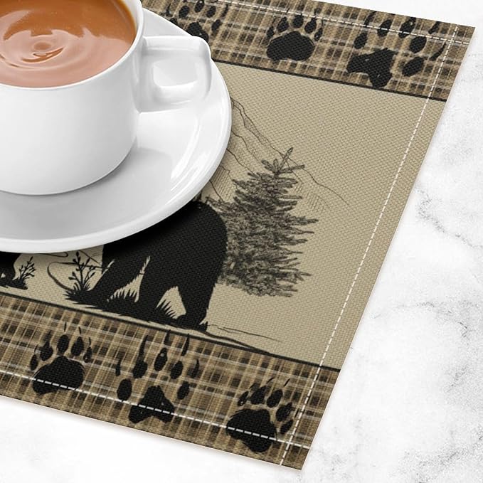 Retro Farmhouse Placemat Set, Rustic Brown Tartan Check Wildlife Bear Paw Silhouette Sketch Pine Tree Forest Pattern Home Decoration Linen Table Mats for Dining Room Kitchen Party (17x12in) x6P