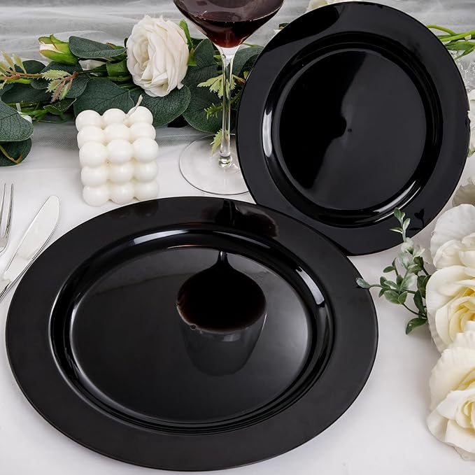 FLOWERCAT 100PCS Black Plastic Plates - Heavy Duty Black Disposable Plates for Birthday Party/Wedding/Father's Day- serve 50guests 10 inch and 7 inch Set