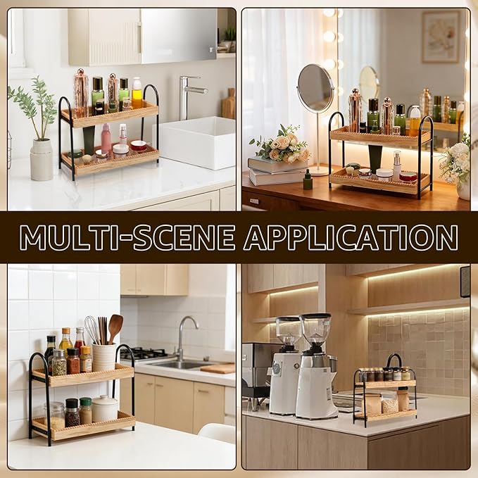 Wood 2 Tier Countertop Organiser, Bathroom Kitchen Counter Shelf Rack Caddy Tray, Small Wood Organization Shelves, Perfume Makeup Counter, Countertop Skincare Display Shelf for Sink Coffee Bar