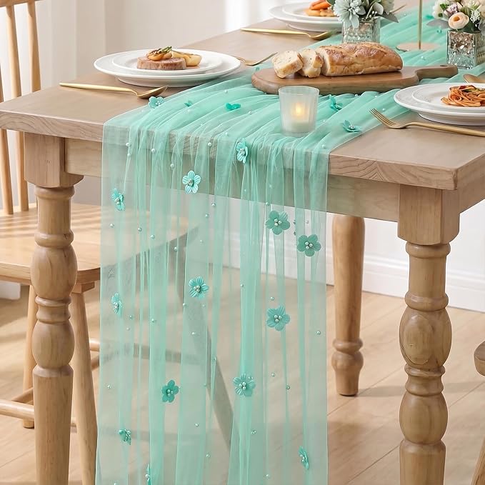 Artoid Mode Turquoise Flower Pearl Gauze Table Runner 10FT, Seasonal Sheer - Image 3