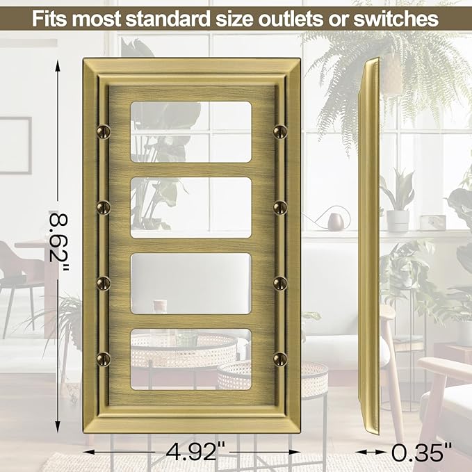 Metal Wall Plate for Electrical Outlets, Decorative Antique Brass Switch Plates Outlet Cover, Light Switch Cover Plate, 4-Gang Wall Plates (Quad Decorator, 1 Pack)