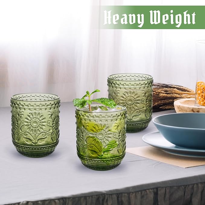 Topsky Vintage Drinking Glass Set of 4,12 oz Embossed Floral Drinkware Set,Green Drinking Glasses Cups Wine Glasses Colored Glassware for Whisky,Beer,Juice,Cocktail,Heavy Duty