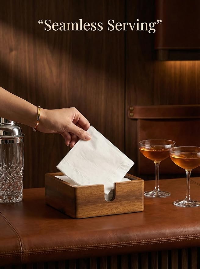 Acacia Cocktail Paper Napkin Holder Square 5.4x5.4 inches, Wood Flat Napkin Tray, Cocktail Napkin Caddy For Kitchen Décor, Restaurant Countertop Bar Accessories