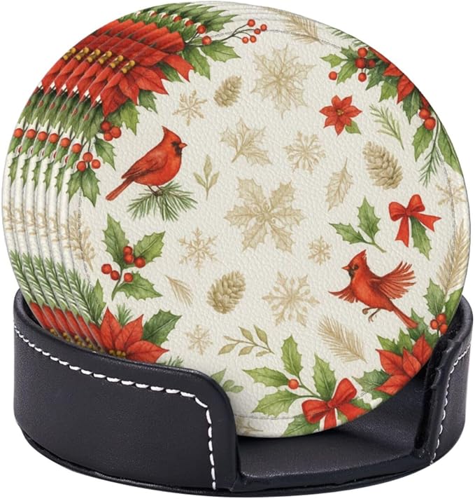 Christmas Gold and Red Floral Bird Coasters - Image 2