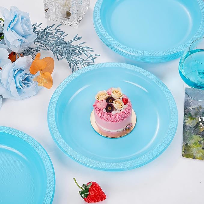 WELLIFE Light Blue Party Plates 9 Inch -150 Count, Disposable Plastic Baby Blue Dinner Plates for Party Dessert Cake Appetizer Baby Shower
