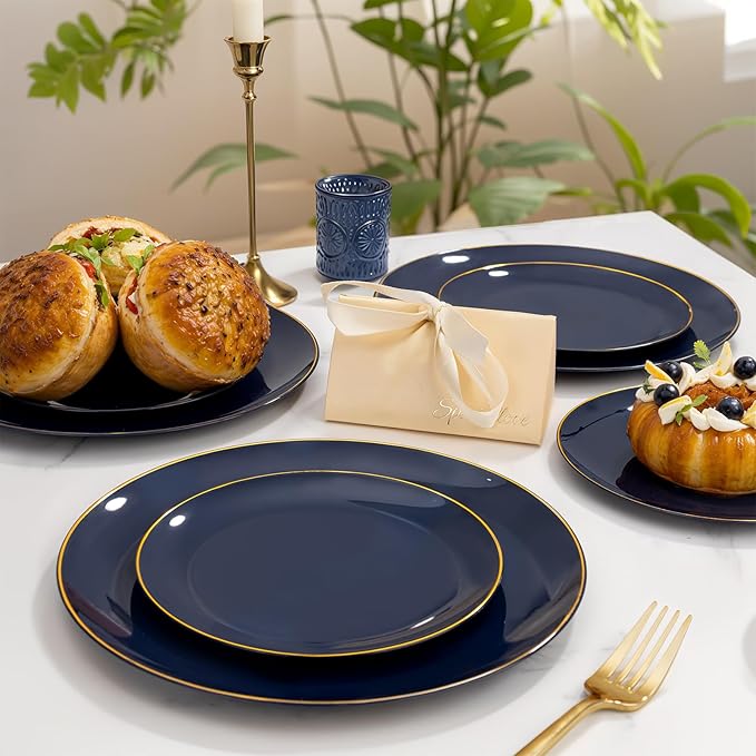 bUCLA 150PCS Blue and Gold Plastic Plates - 25 Guests Navy Blue Plastic Dinnerware Disposable for Party and Hanukkah - Include 25 Dinner/Dessert Plates, 25 Knives, 25 Forks, 25 Spoons, 25 Cups