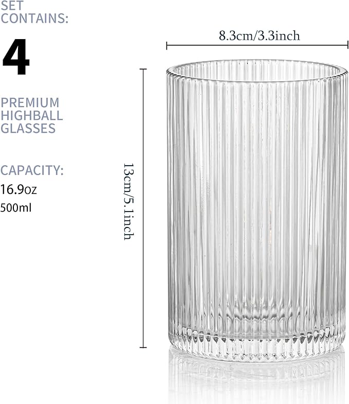 Vintage Ribbed Glassware Set: 4pcs 16.9oz XL Drinking Glasses, Fluted Ripple - Image 3
