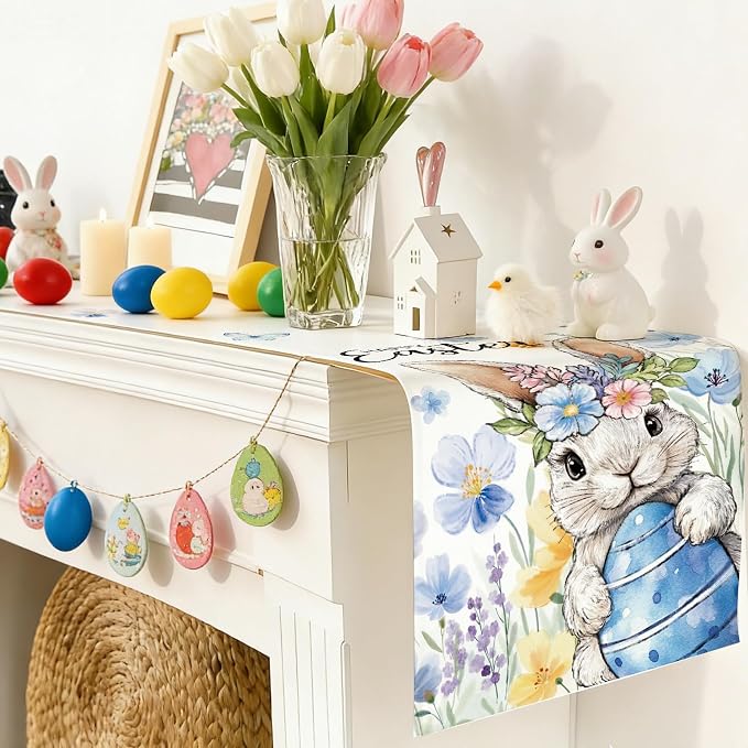 Happy Easter Bunny Table Runner, Egg Flowers Burlap Table Runners, Spring - Image 8
