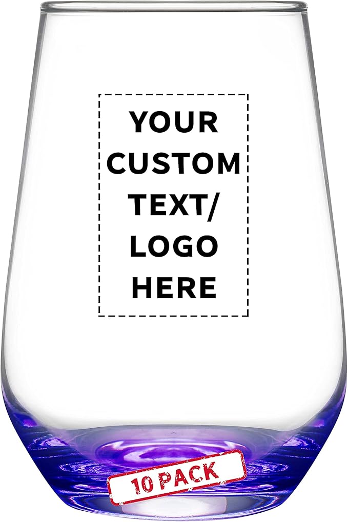 DISCOUNT PROMOS 10 Vaso Silicia Stemless Wine Glasses Set, 16 oz. - Personalized Text, Logo - Clear, Orb-Like, Thick base - Purple