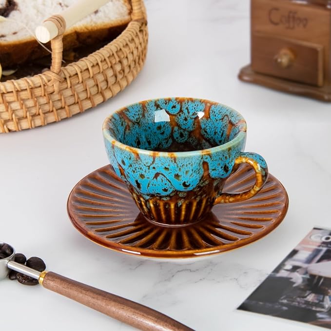 2 oz Espresso Cups and Saucers Set of 2, Ceramic Tea Cup - Image 3