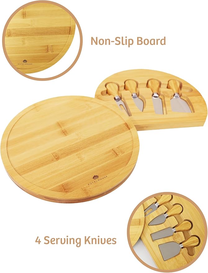 RoyalHouse Bamboo Round Cheese Board and 4 Knives Set with Slide-Out Cutlery Drawer - Charcuterie Boards Set - House Warming Gifts New Home, Wedding Gifts for Couple 2025, Bridal Shower