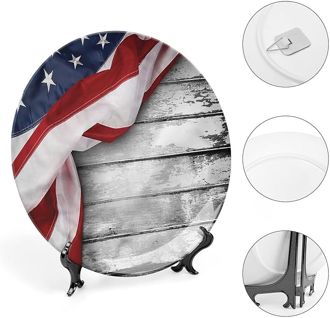 Ceramic Plates, American Flag Decorative Ceramic Plates, Flag on Wood Planks, 6 Inch, for Dining, Parties, Wedding, Multicolor
