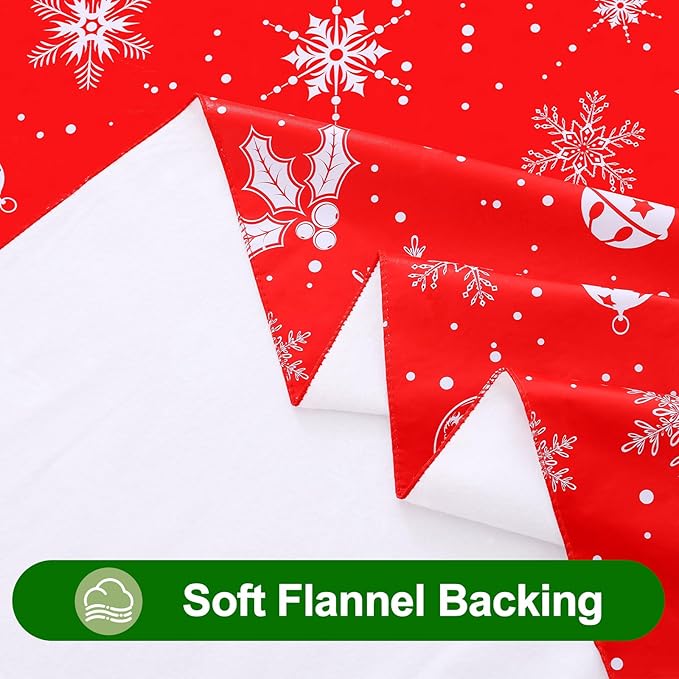 Smiry Christmas Rectangle Table Cloth, Waterproof Vinyl Tablecloth with Flannel Backing, Wipeable Bell & Snowflake Plastic Tablecloths for Christmas Table Decorations, (60"x102", White & Red)