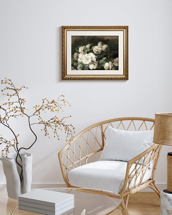 InSimSea Gold Picture Framed Wall Art, Bedroom Bathroom Vintage Flowers White Roses Canvas Print Wall Decor, Home Farmhouse Decor, Antique Paintings with Frames 13x16inch