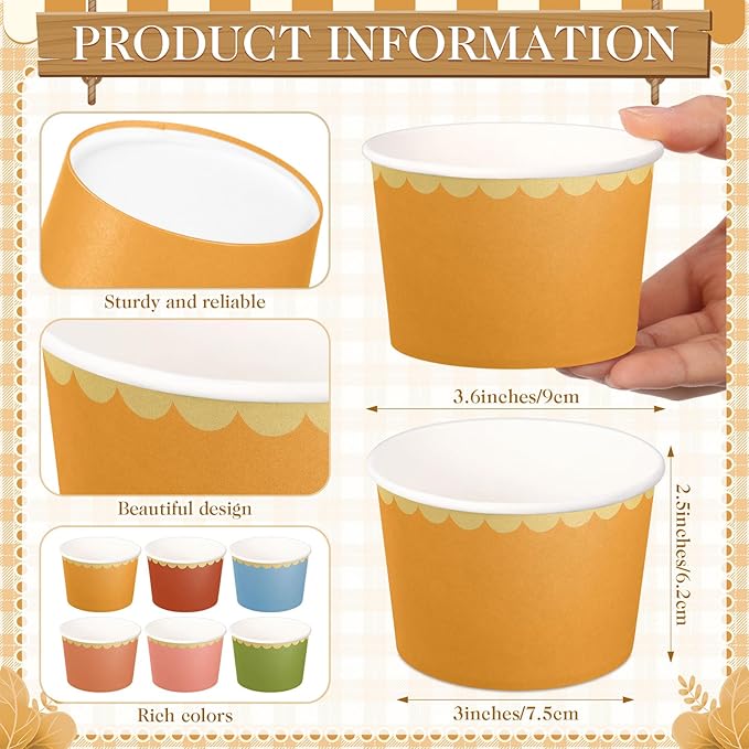 Zopeal 96 Pcs Fall Wildflower Disposable Ice Cream Bowls 9oz Colorful Gradient Color Paper Snack Cups with Gold Scallop for Parties, Weddings, Baby Showers, Desserts, Yogurt, and Salads