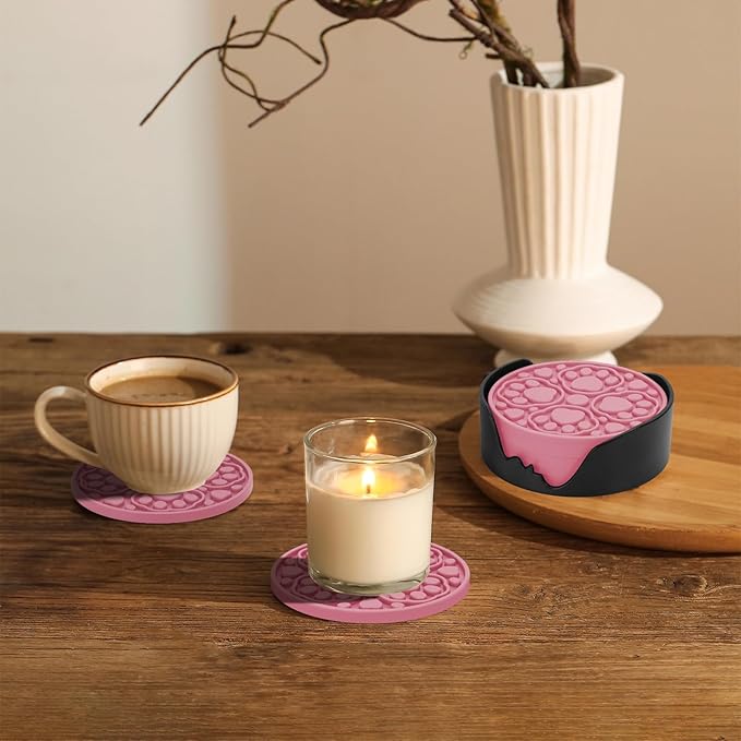 Pink Silicone Coasters Set of 6 with Holder, 4 Inches Coaster for Bar, Drinks, Beer, Coffee - Non Slip Decorative Cup Mat for Tabletop, Desk Decor - Dishwasher Safe