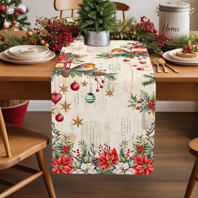 Christmas Poinsettia Table Runner 90 Inches Long, Winter Xmas Balls Birds Table - Image 2