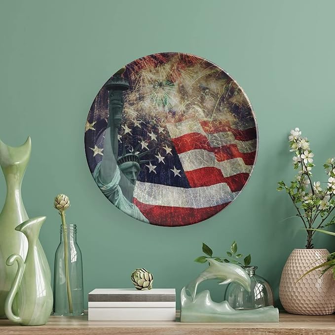 Ceramic Display Plate, American Flag Ceramic Hanging Decorative Plate, Fireworks 4th of July, 6 Inch, Household Custom Ceramic Plate, Multicolor