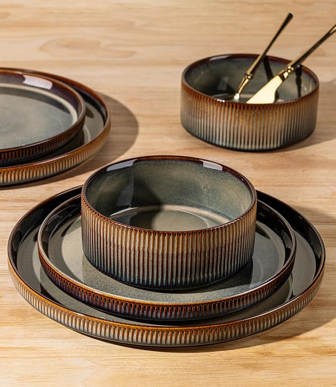 Ceramic Dinnerware Set for 4, 12-Piece Plates and Bowls Set | Lightweight - Image 4