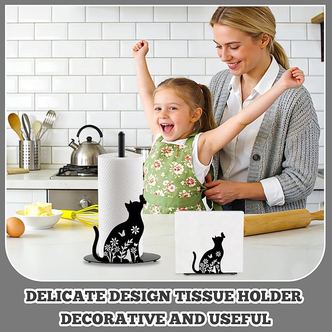 Cat Paper Towel Holder, Black Cat Countertop Kitchen Decor Indoor with Round Base, Cats Lover Gifts, Iron Kitty Napkin Holder Stand Accessories for Bathroom Kitchen Dining, 2 PCS
